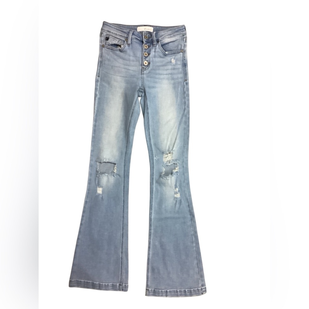 KanCan Beautiful Light Blue Flare Jeans with Distressed Details Sz 5/26